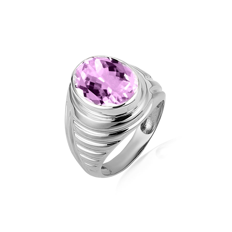 Sterling Silver Oval Gemstone Ribbed Striped Men's Ring, view 6