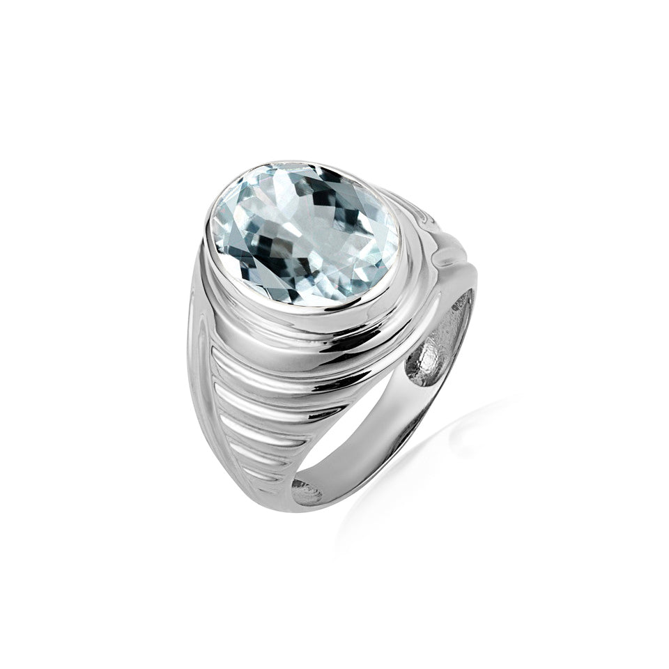 Sterling Silver Oval Gemstone Ribbed Striped Men's Ring, view 7