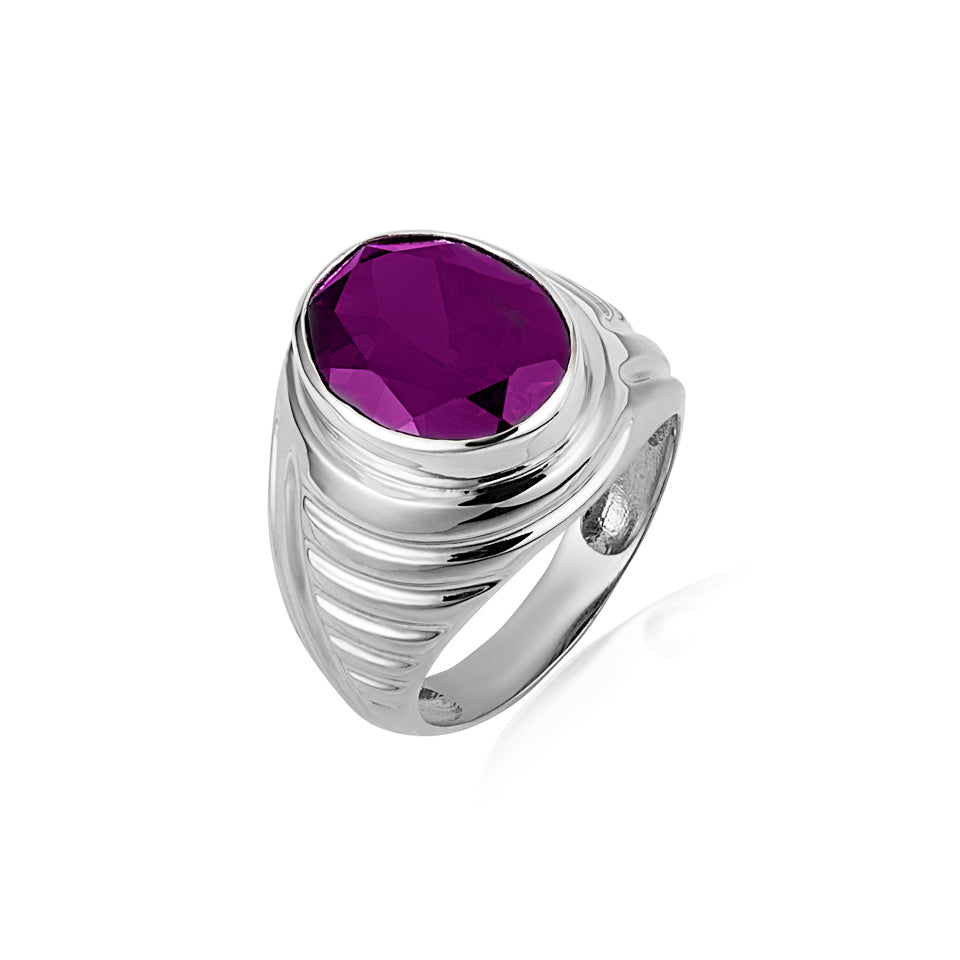 Sterling Silver Oval Gemstone Ribbed Striped Men's Ring, view 10