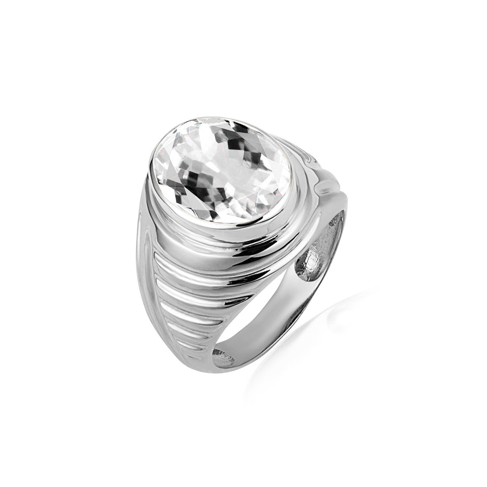 Sterling Silver Oval Gemstone Ribbed Striped Men's Ring, view 12