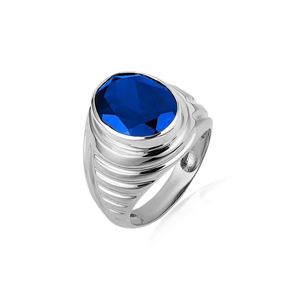 Sterling Silver Oval Gemstone Ribbed Striped Men's Ring, view 13
