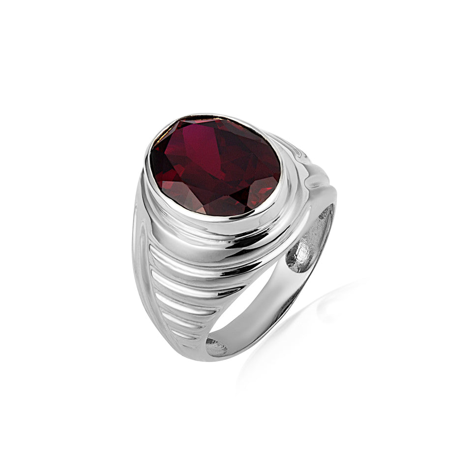 Sterling Silver Oval Gemstone Ribbed Striped Men's Ring, view 14