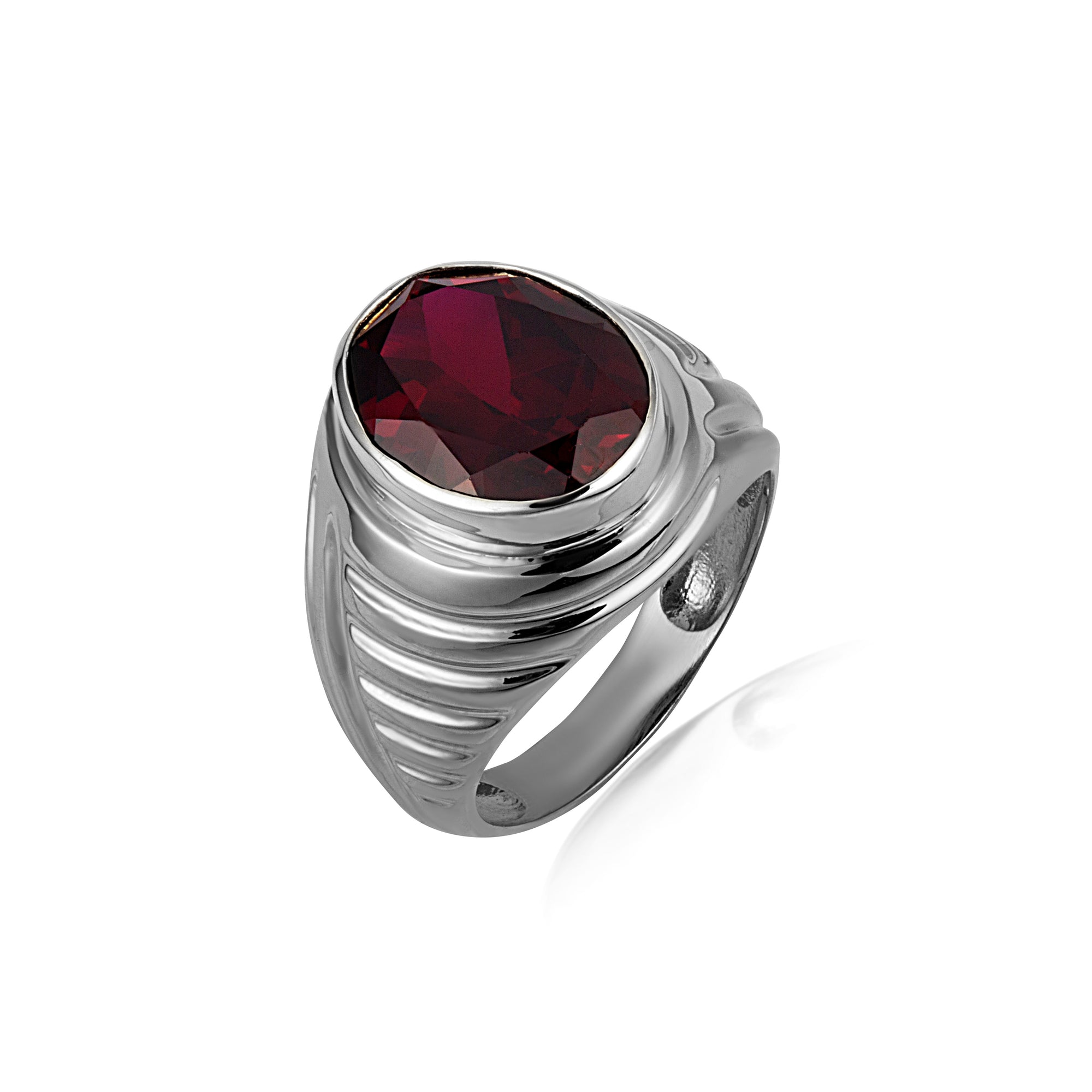Sterling Silver Oval Gemstone Ribbed Striped Men's Ring, view 15