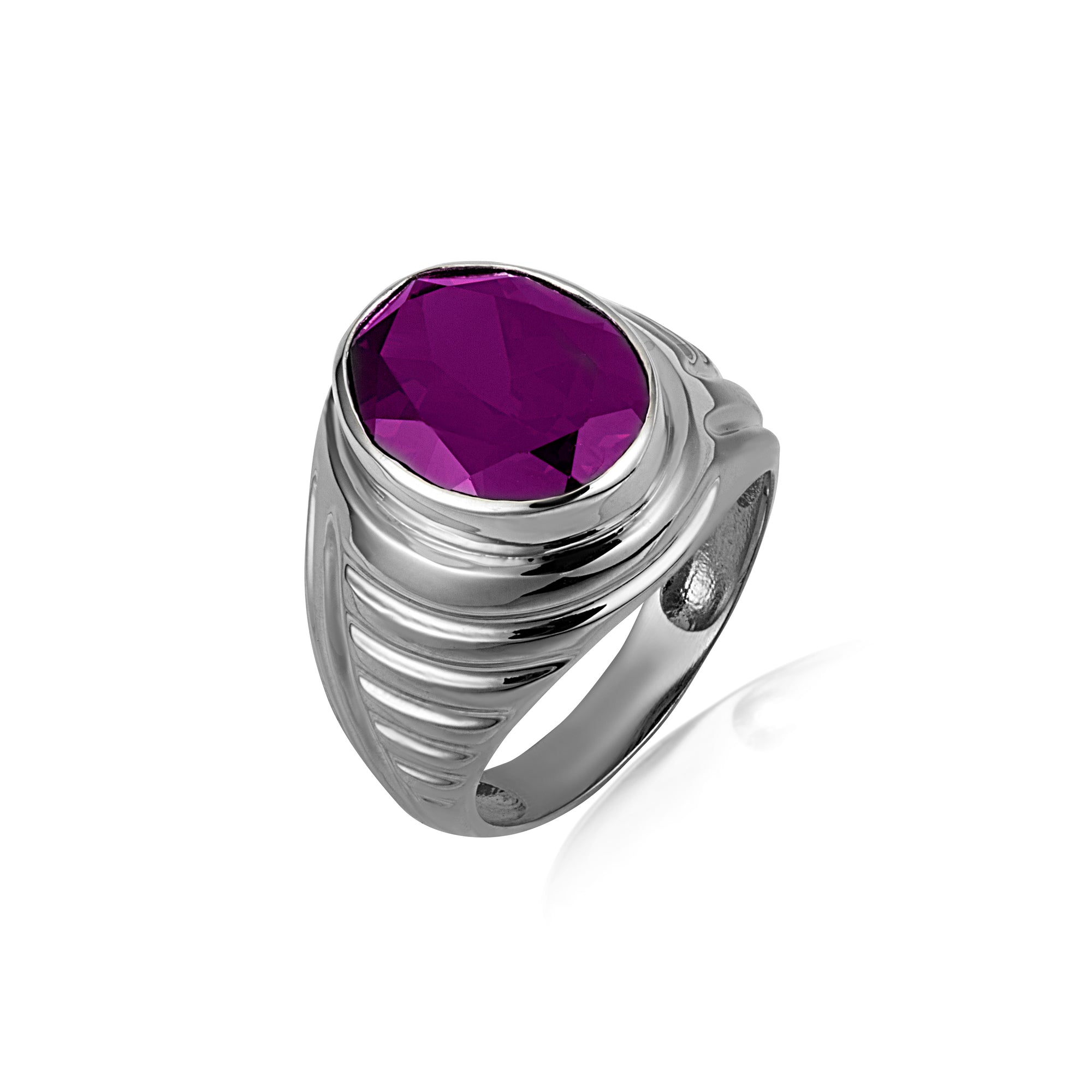 Sterling Silver Oval Gemstone Ribbed Striped Men's Ring, view 16