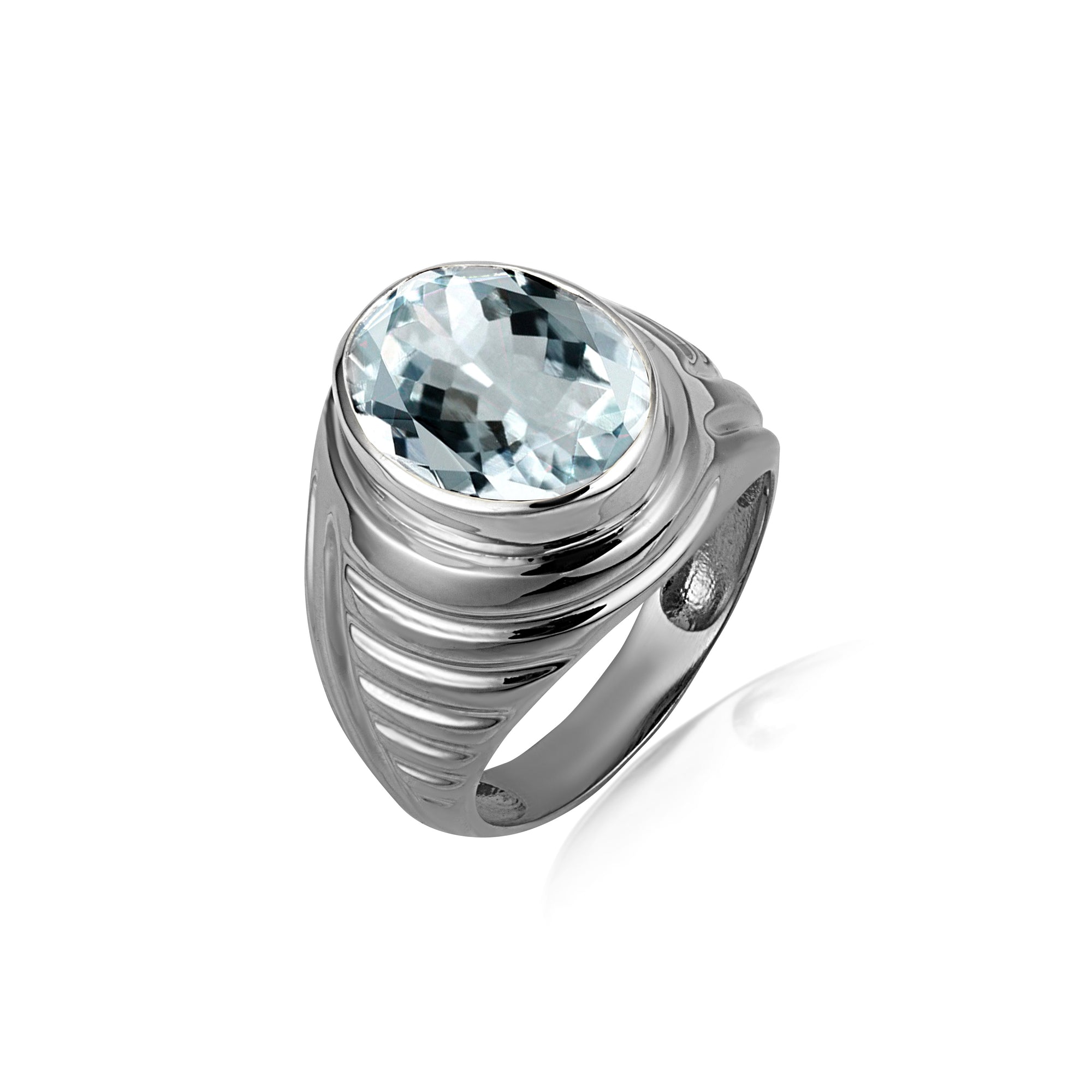 Sterling Silver Oval Gemstone Ribbed Striped Men's Ring, view 17