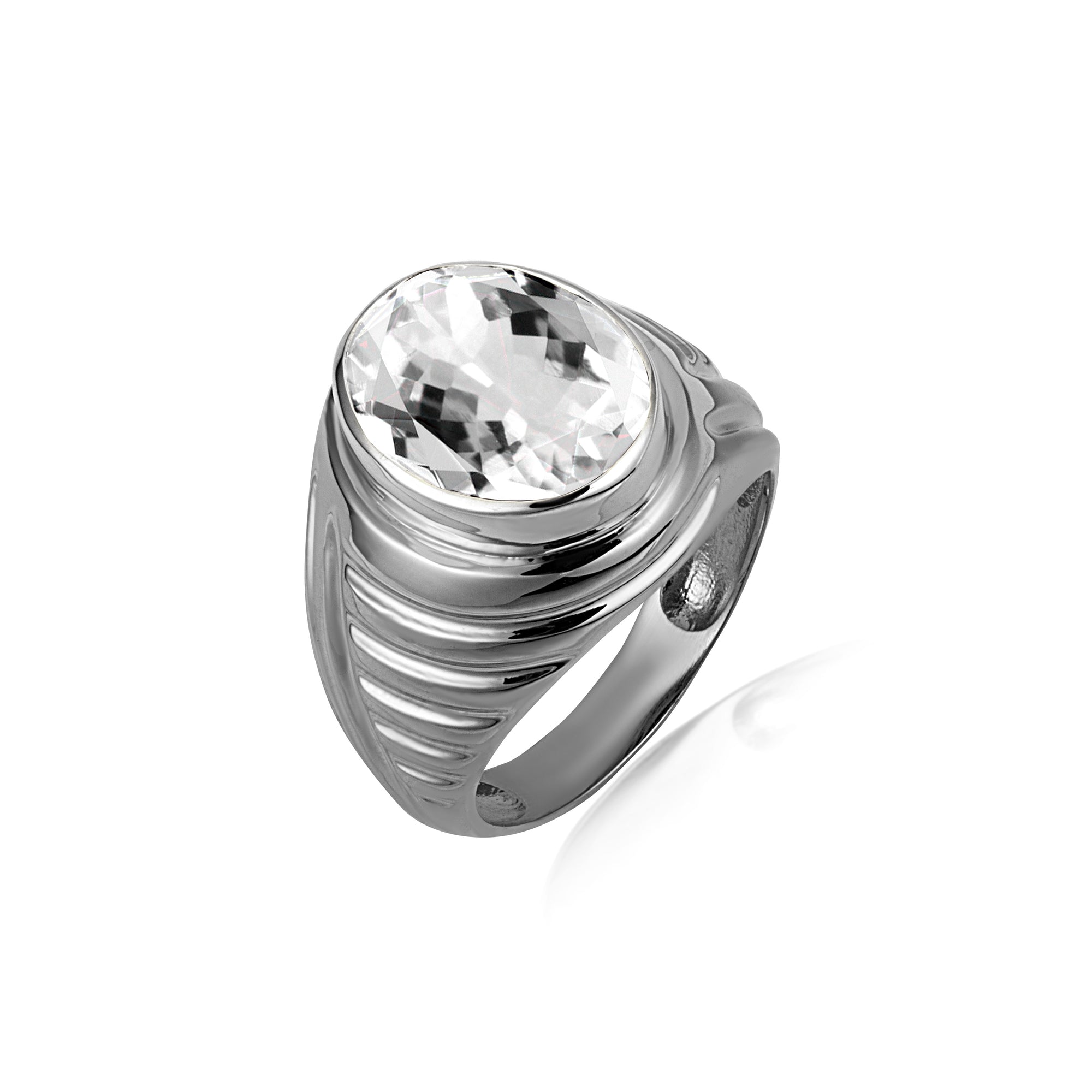 Sterling Silver Oval Gemstone Ribbed Striped Men's Ring, view 18