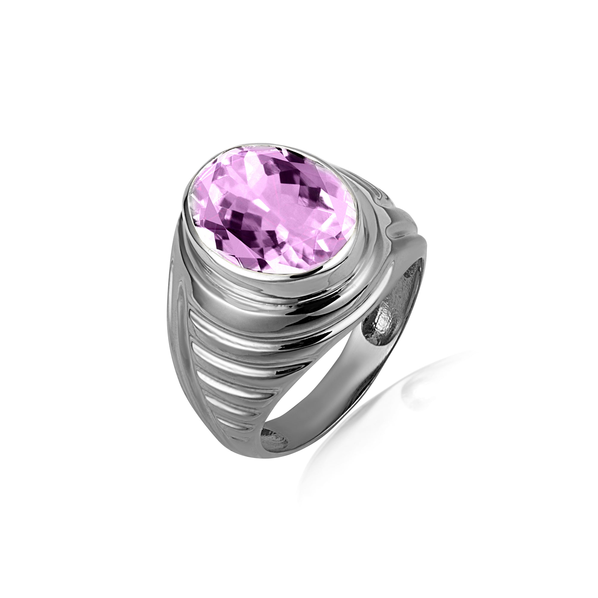 Sterling Silver Oval Gemstone Ribbed Striped Men's Ring, view 20