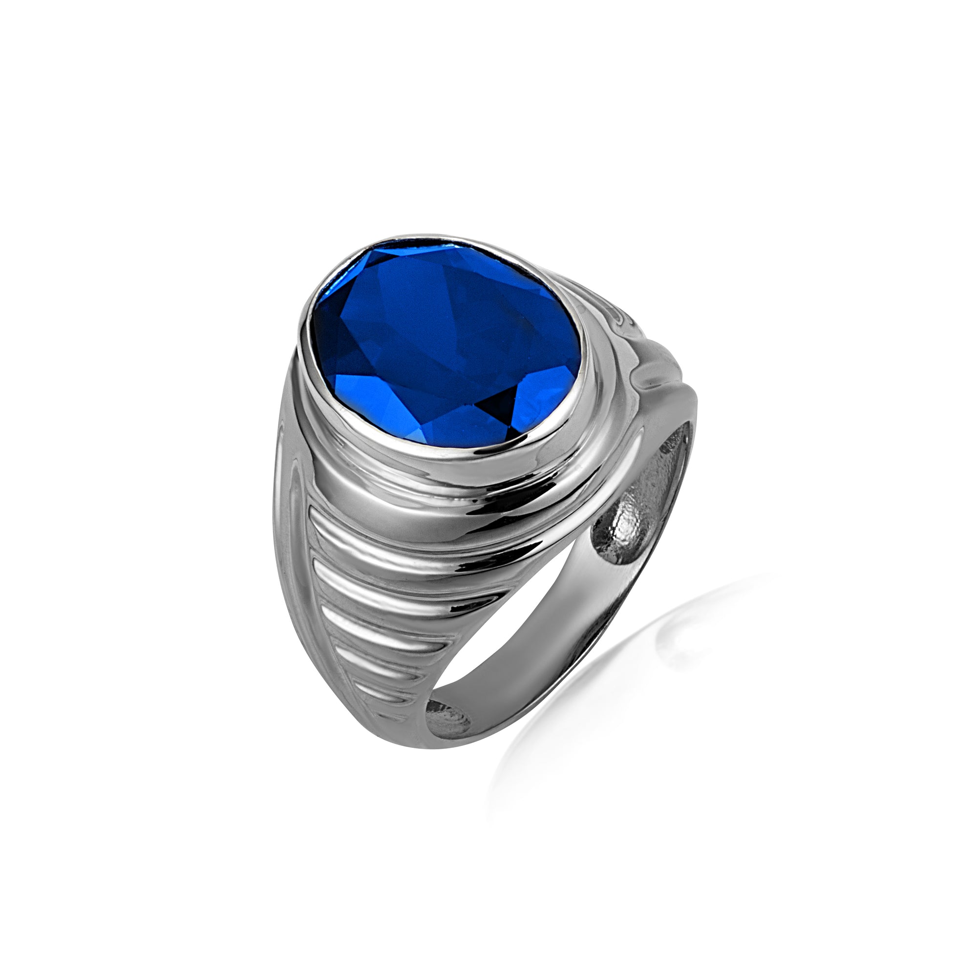 Sterling Silver Oval Gemstone Ribbed Striped Men's Ring, view 23