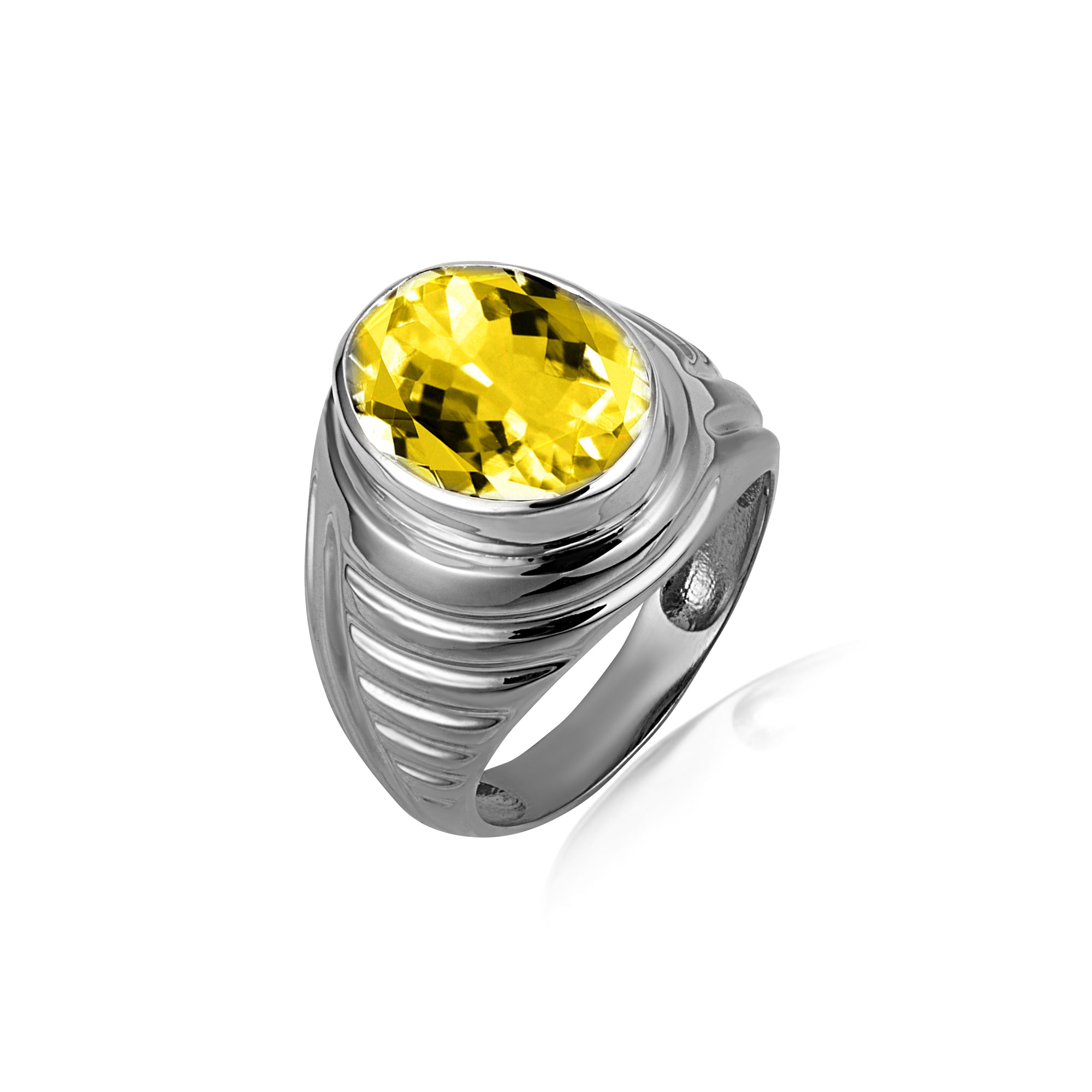 Sterling Silver Oval Gemstone Ribbed Striped Men's Ring, view 25