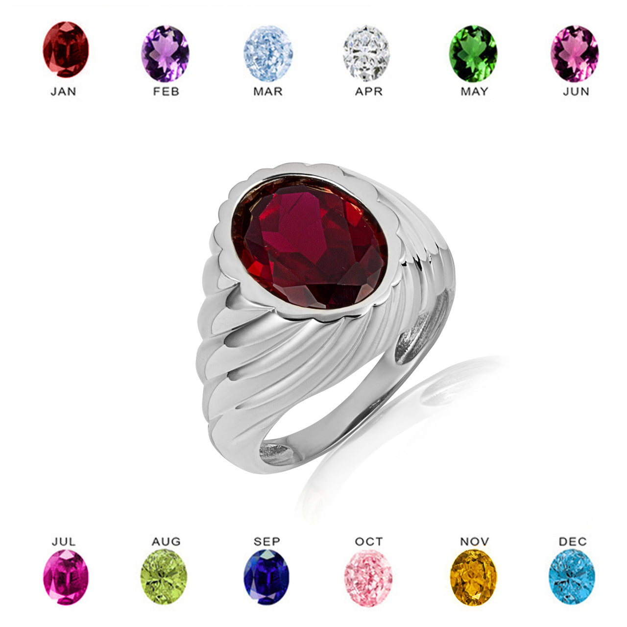 Sterling Silver Oval Gemstone Swirl Ribbed Ring