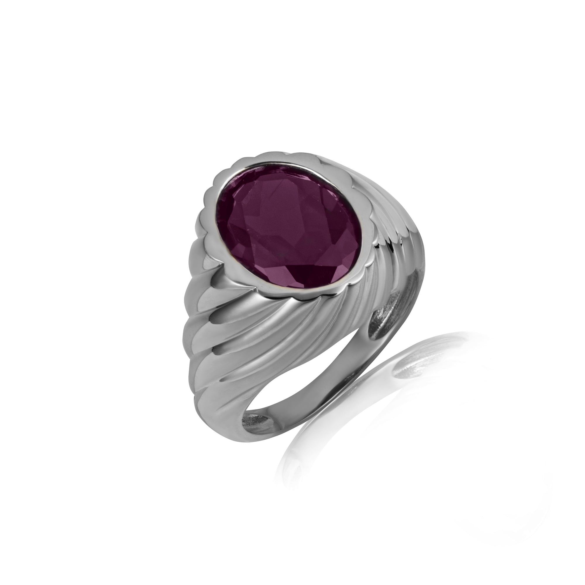 Sterling Silver Oval Gemstone Swirl Ribbed Ring, view 15