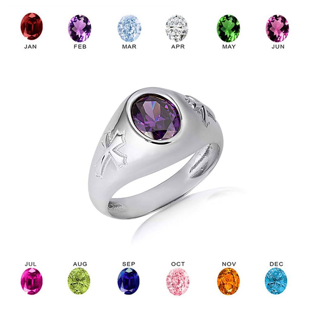 Sterling Silver Oval Gemstone Textured Cross Band Ring