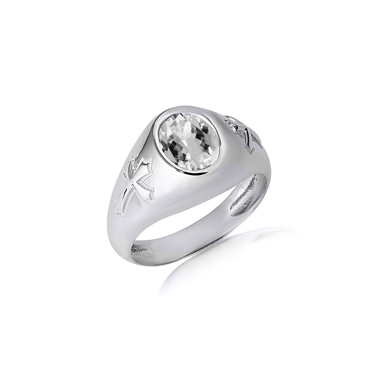 Sterling Silver Oval Gemstone Textured Cross Band Ring, view 7