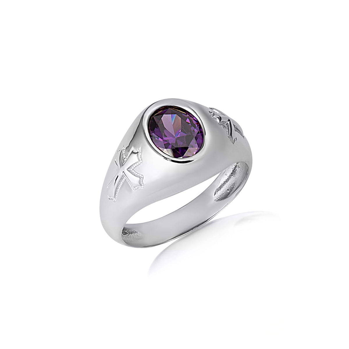 Sterling Silver Oval Gemstone Textured Cross Band Ring, view 9