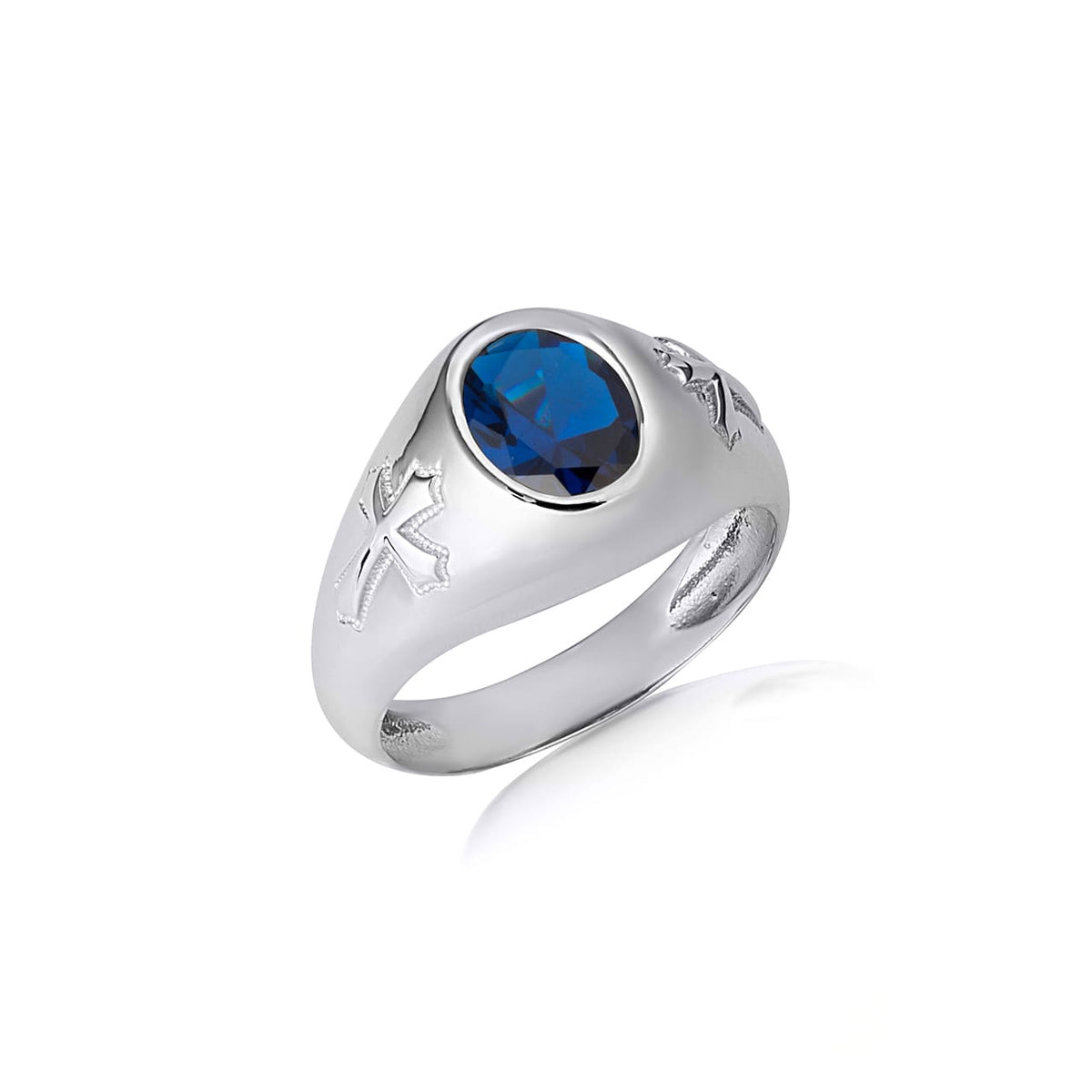 Sterling Silver Oval Gemstone Textured Cross Band Ring, view 10