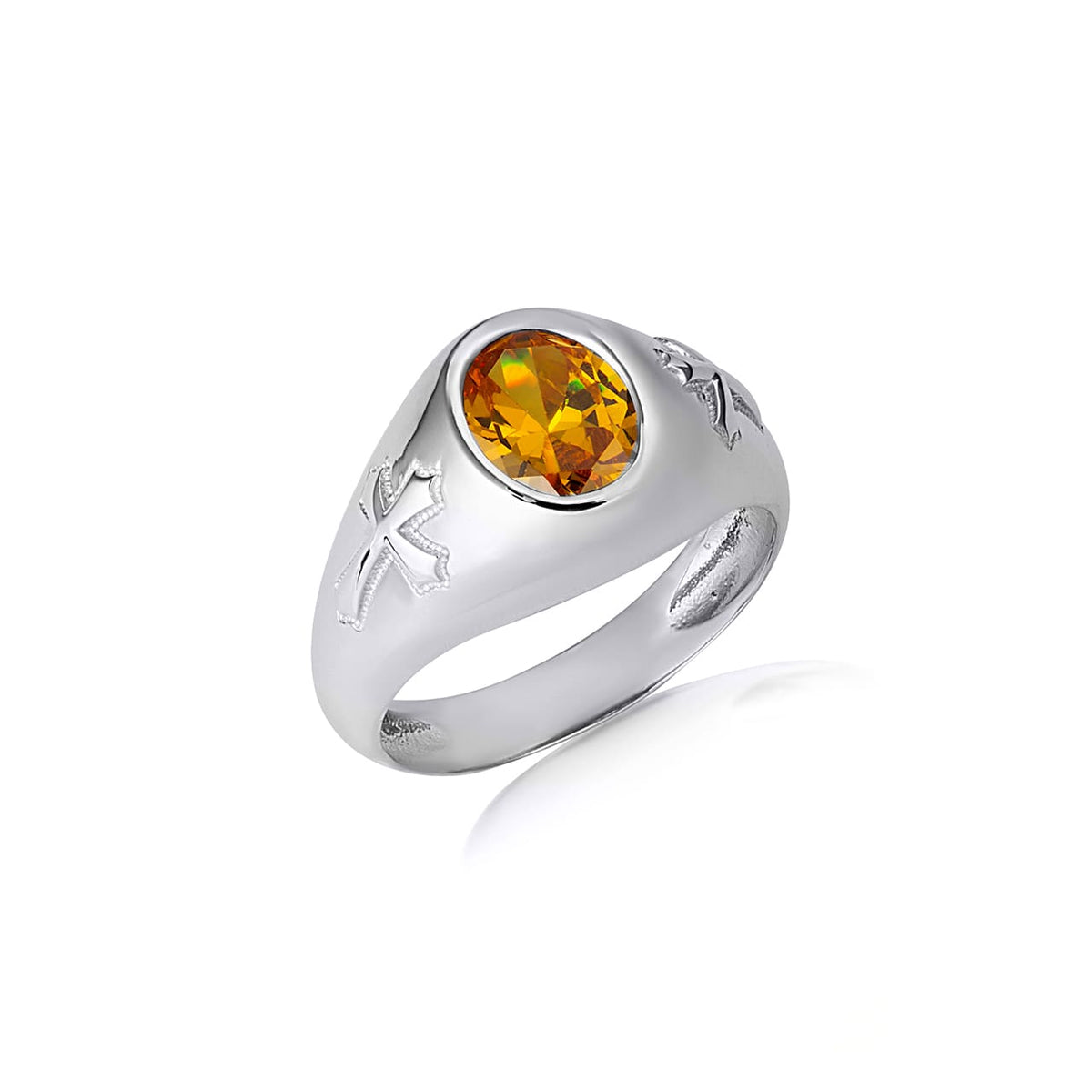 Sterling Silver Oval Gemstone Textured Cross Band Ring, view 12