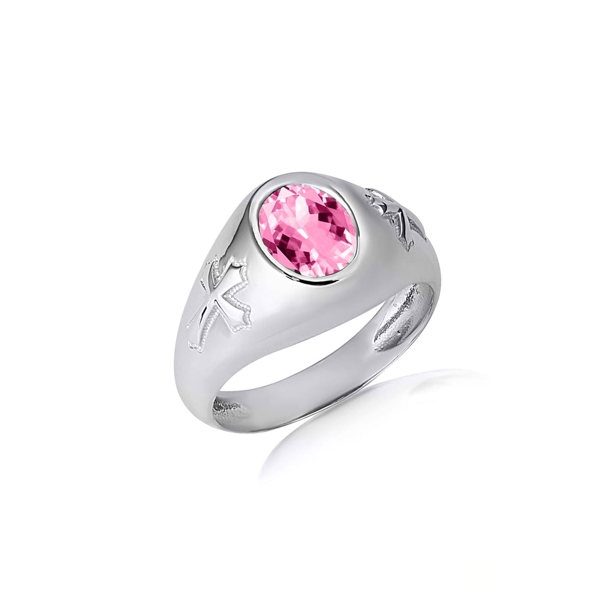 Sterling Silver Oval Gemstone Textured Cross Band Ring, view 13