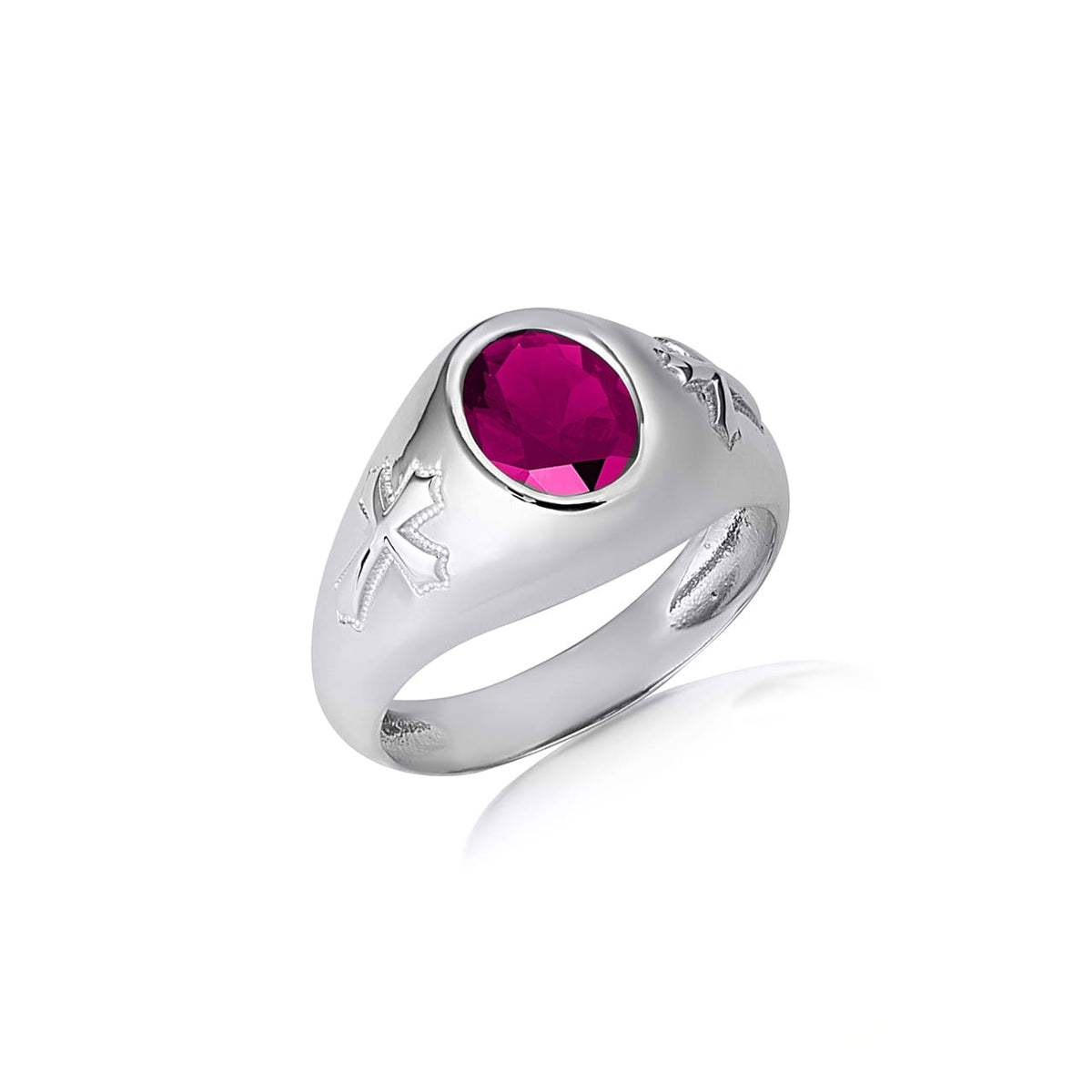 Sterling Silver Oval Gemstone Textured Cross Band Ring, view 15