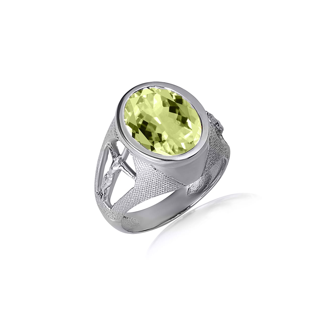 Sterling Silver Oval Gemstone Textured Jesus Christ Cross Crucifix Band Ring, view 4