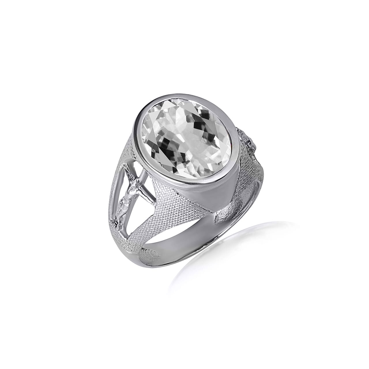 Sterling Silver Oval Gemstone Textured Jesus Christ Cross Crucifix Band Ring, view 12
