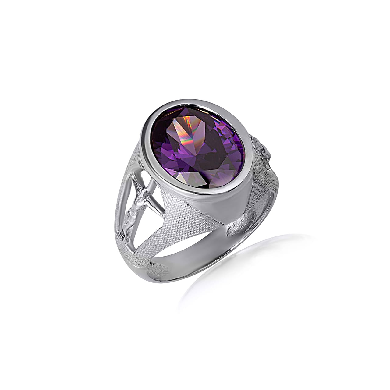 Sterling Silver Oval Gemstone Textured Jesus Christ Cross Crucifix Band Ring, view 16