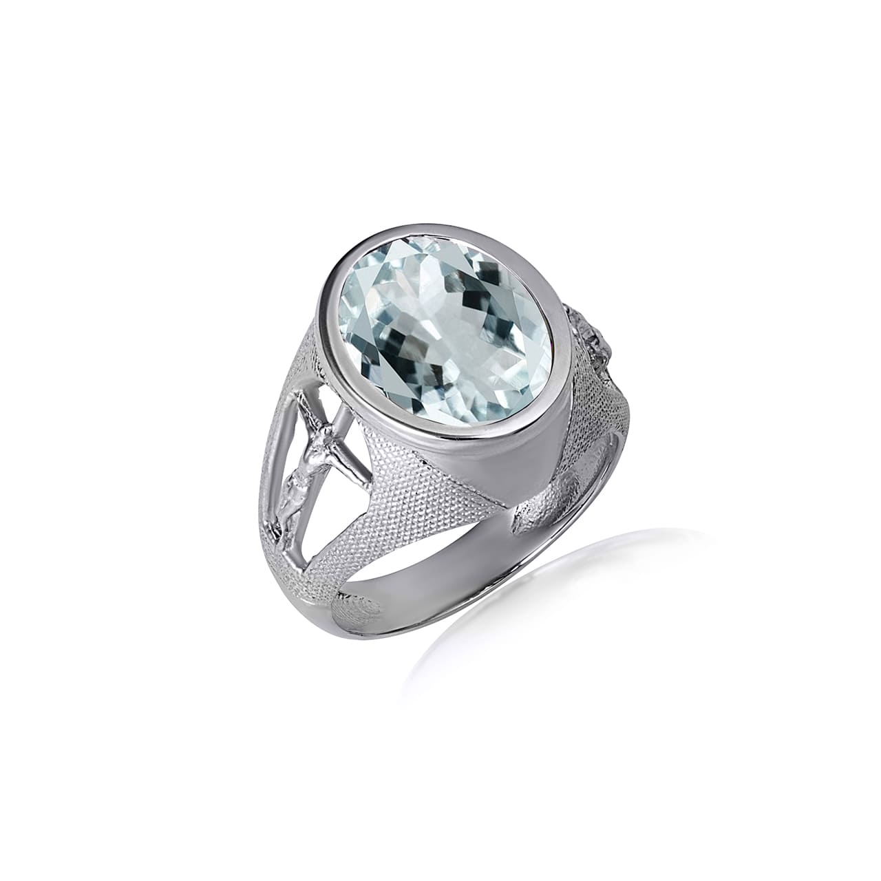 Sterling Silver Oval Gemstone Textured Jesus Christ Cross Crucifix Band Ring, view 17