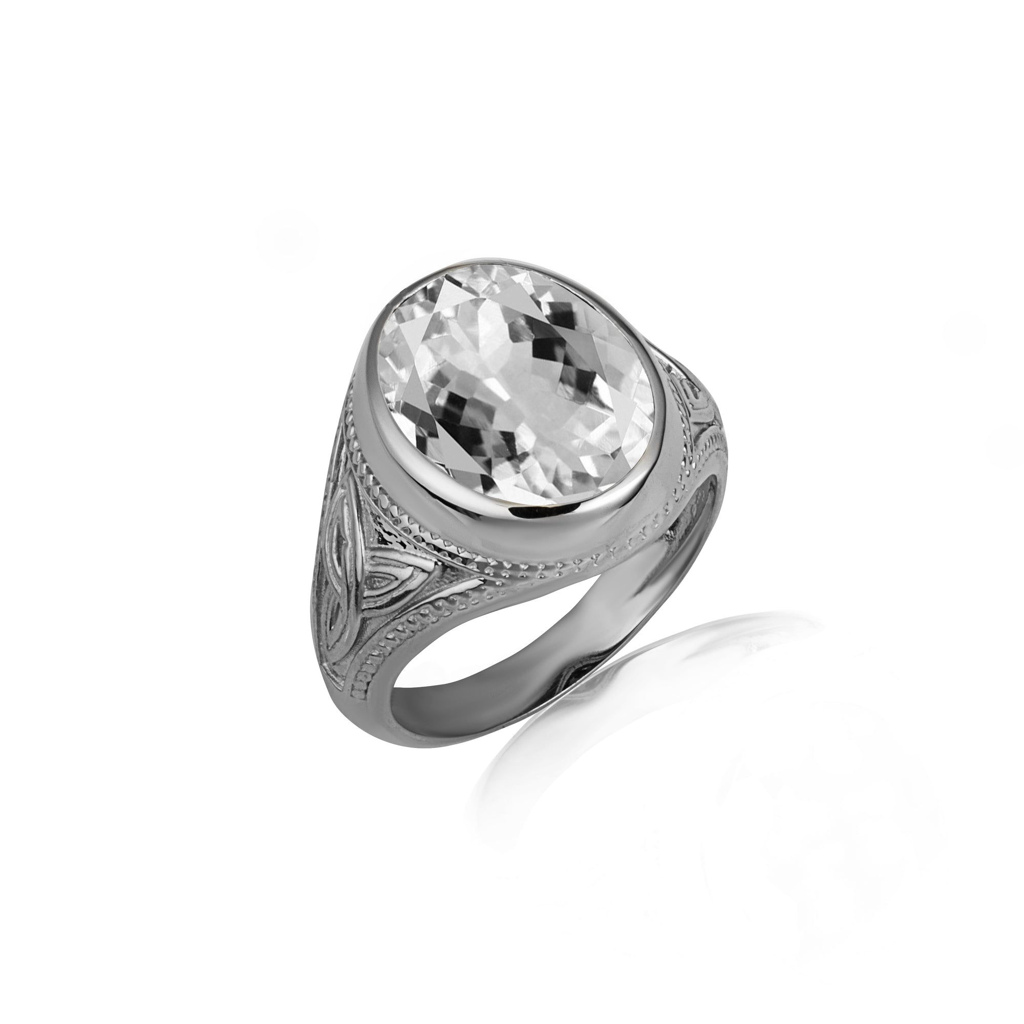 Sterling Silver Oval Gemstone Textured Jesus Christ Cross Crucifix Band Ring, view 18