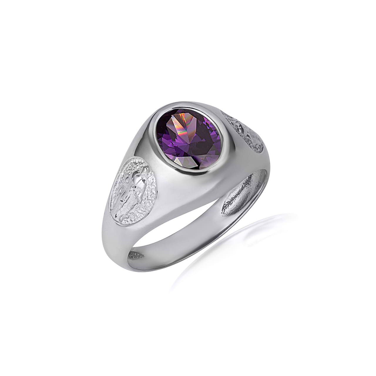 Sterling Silver Oval Gemstone Textured Our Lady Of Guadalupe Band Ring, view 13