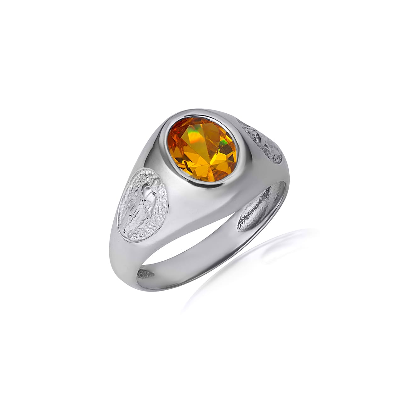 Sterling Silver Oval Gemstone Textured Our Lady Of Guadalupe Band Ring, view 14
