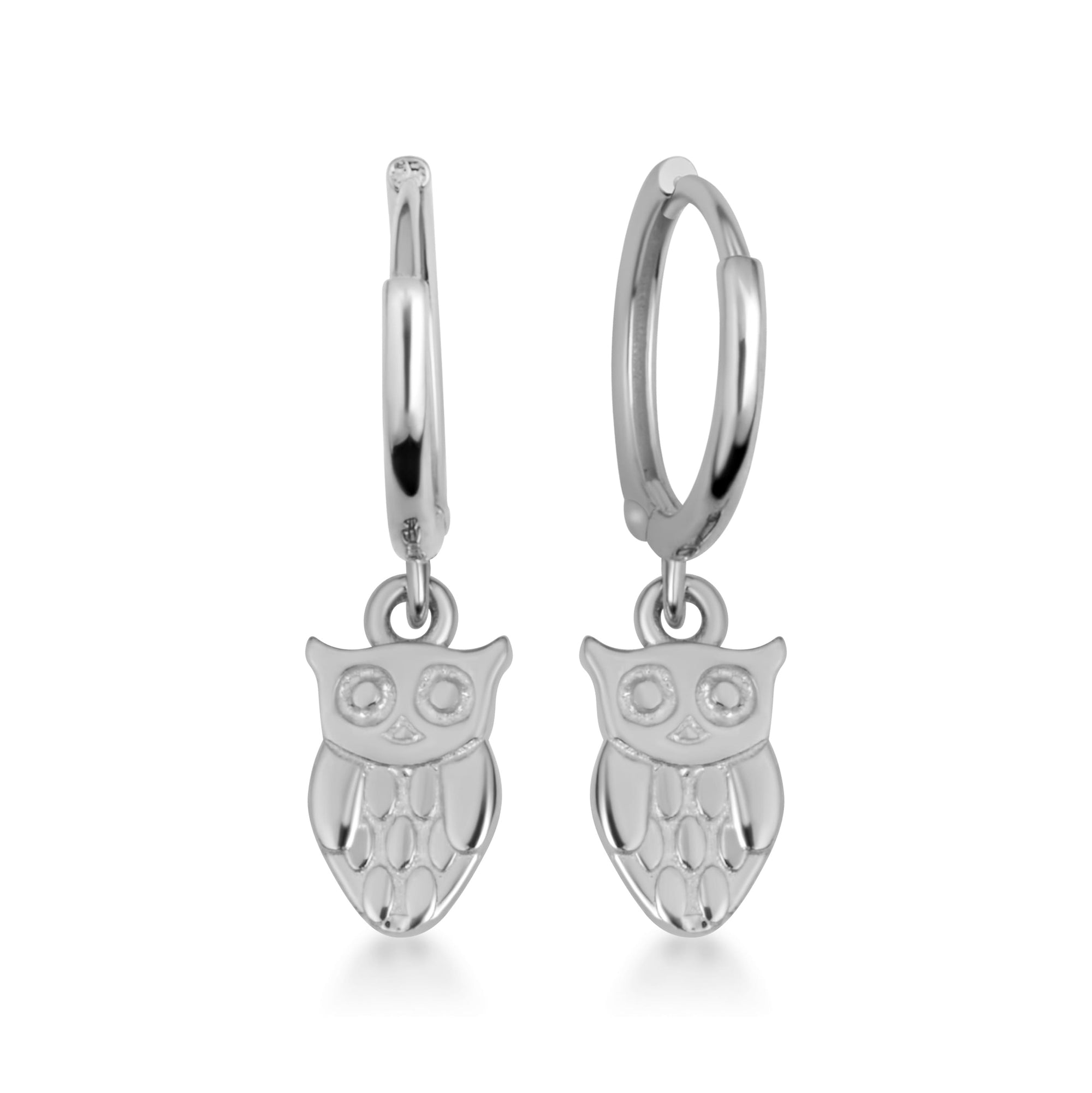 Sterling Silver Owl Drop Huggie Hoop Earrings