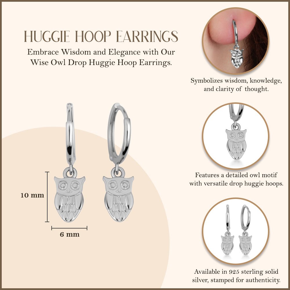 Sterling Silver Owl Drop Huggie Hoop Earrings, view 3