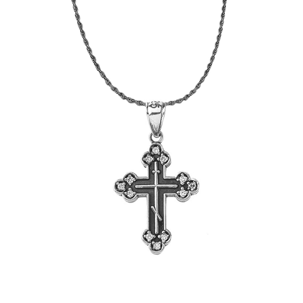 Sterling Silver Oxidized Cubic Zirconia Eastern Orthodox Russian Cross Pendant Necklace