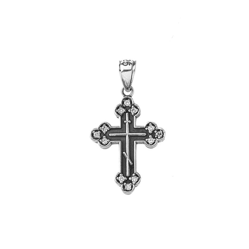 Sterling Silver Oxidized Cubic Zirconia Eastern Orthodox Russian Cross Pendant Necklace, view 2