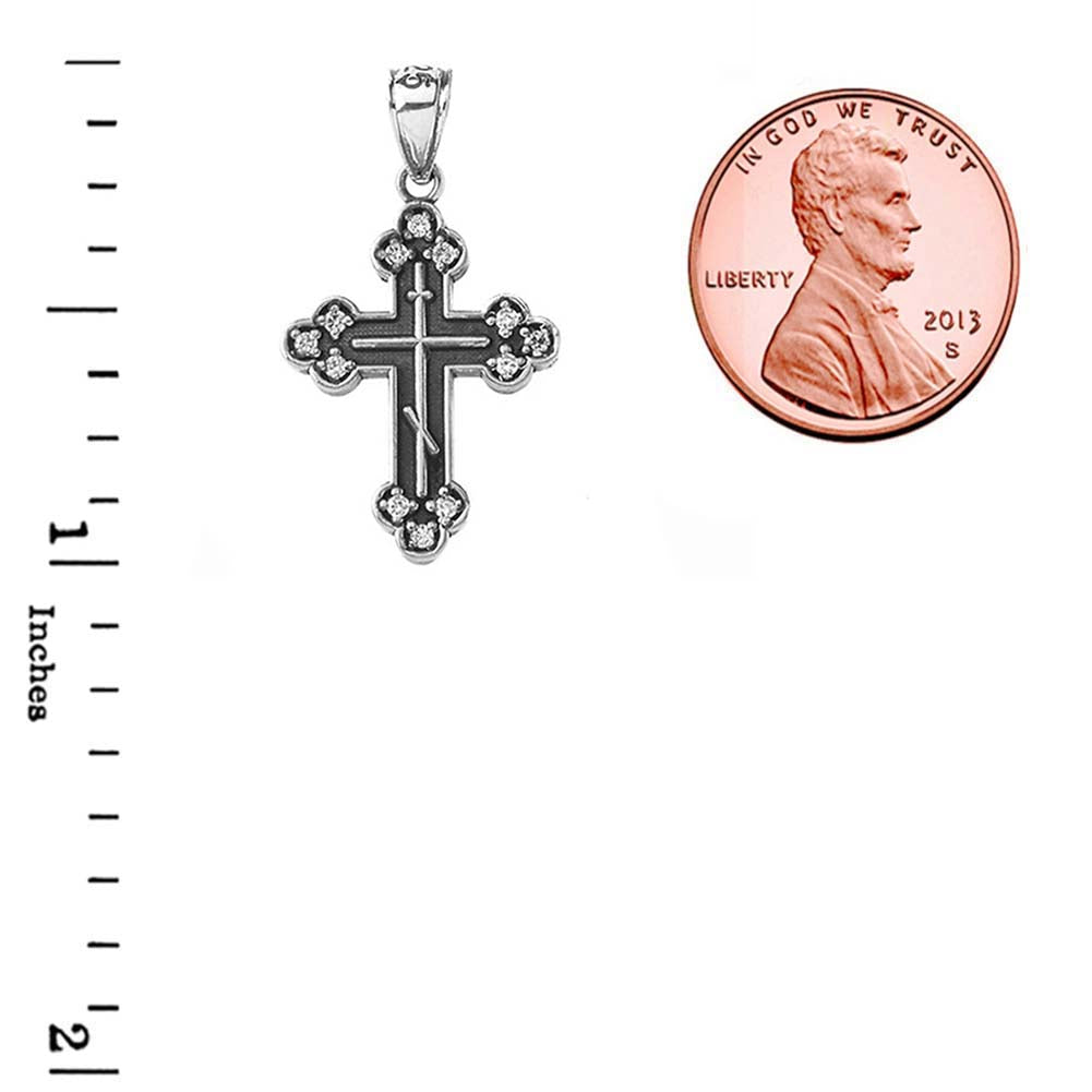 Sterling Silver Oxidized Cubic Zirconia Eastern Orthodox Russian Cross Pendant Necklace, view 3