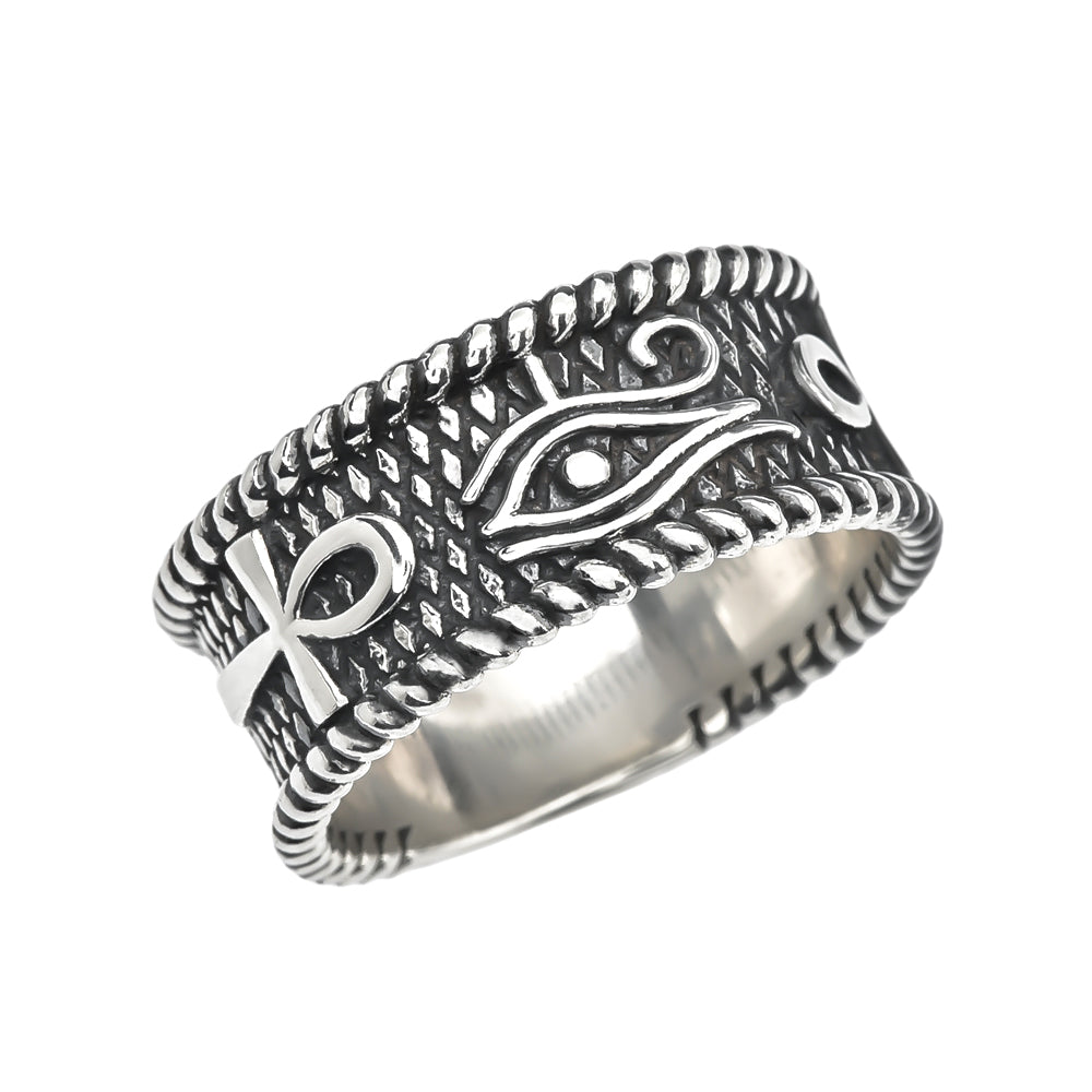Sterling Silver Oxidized Egyptian Eye of Horus Ankh Cross Rope Band Ring