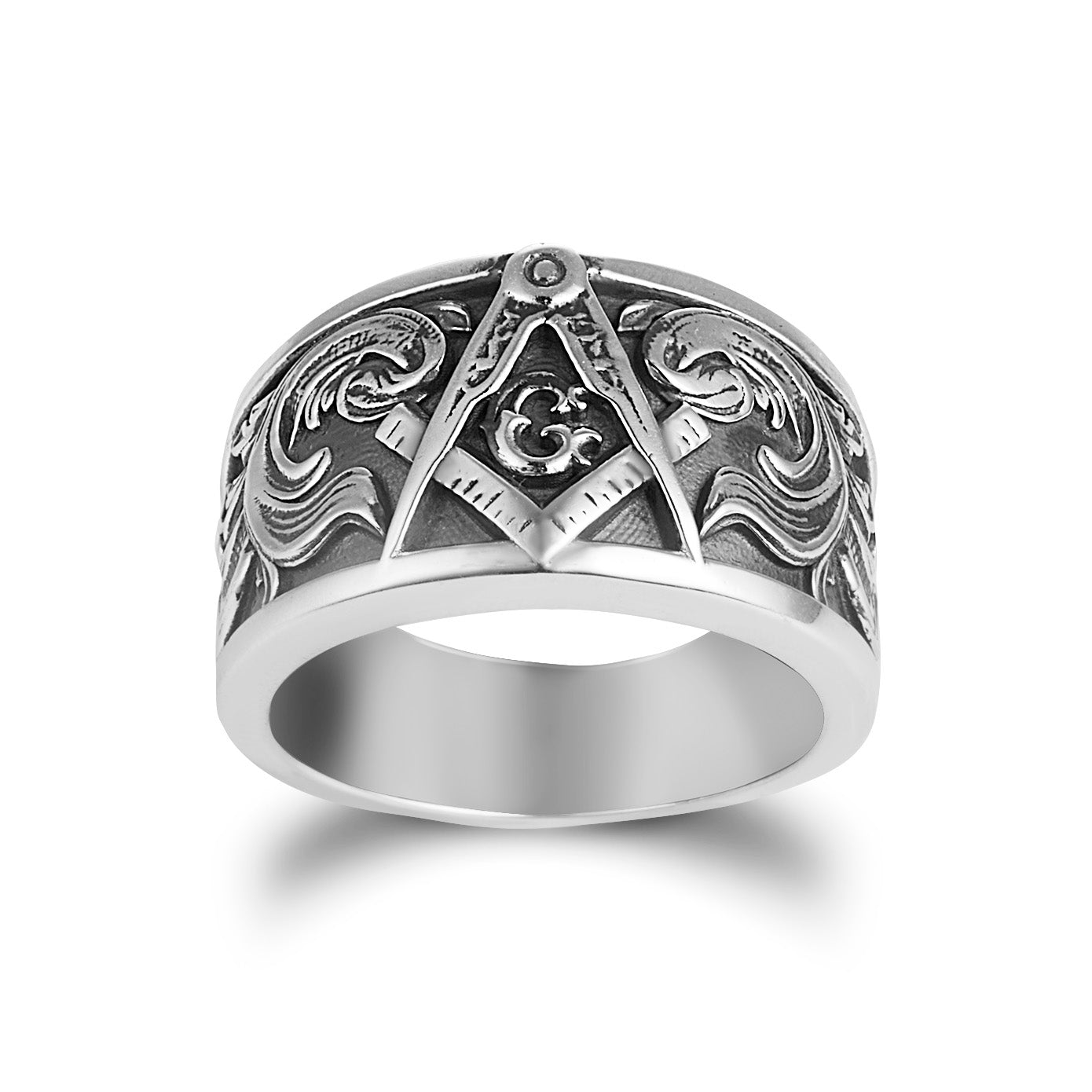 Sterling Silver Oxidized Freemason Square & Compass Filigree Band Ring