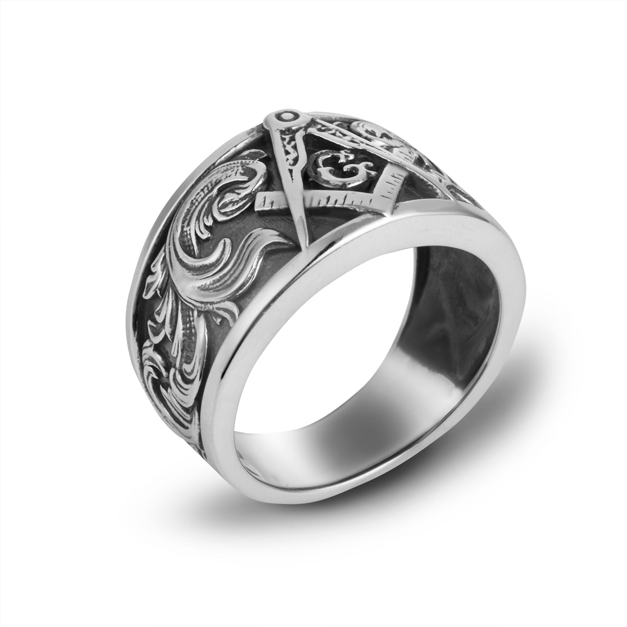 Sterling Silver Oxidized Freemason Square & Compass Filigree Band Ring, view 3