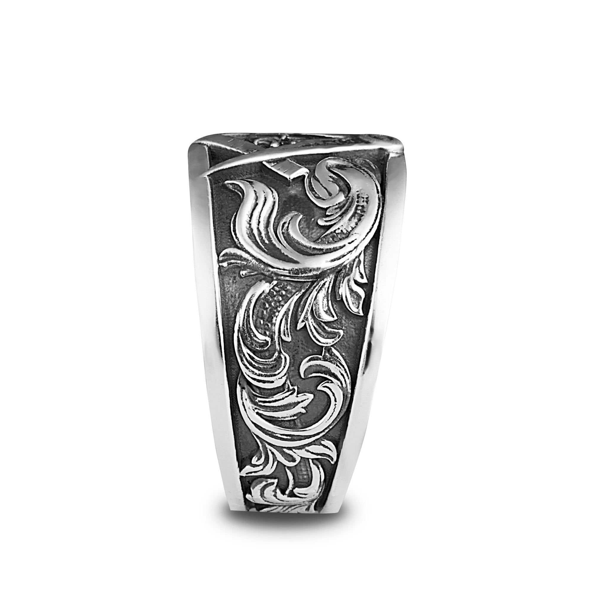 Sterling Silver Oxidized Freemason Square & Compass Filigree Band Ring, view 5