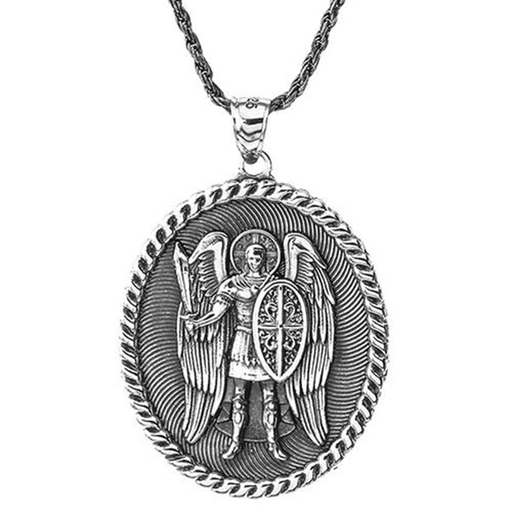 Sterling Silver Oxidized Patron Saint Michael Archangel Medallion Pendant Necklace