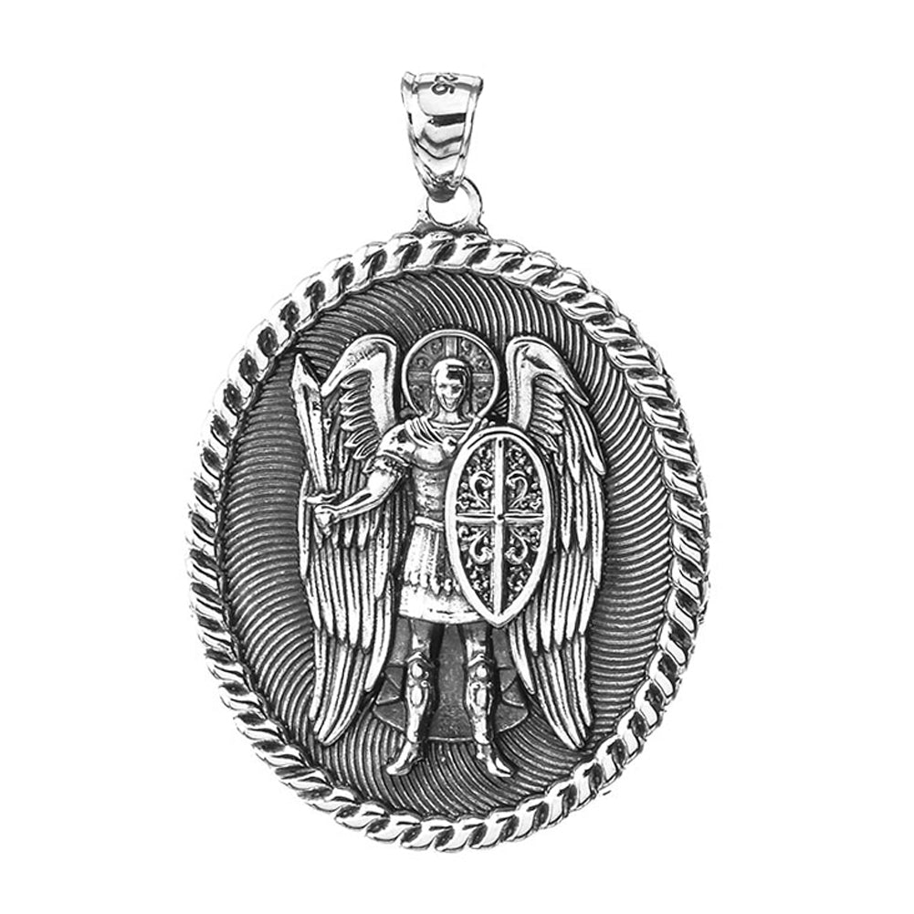 Sterling Silver Oxidized Patron Saint Michael Archangel Medallion Pendant Necklace, view 2