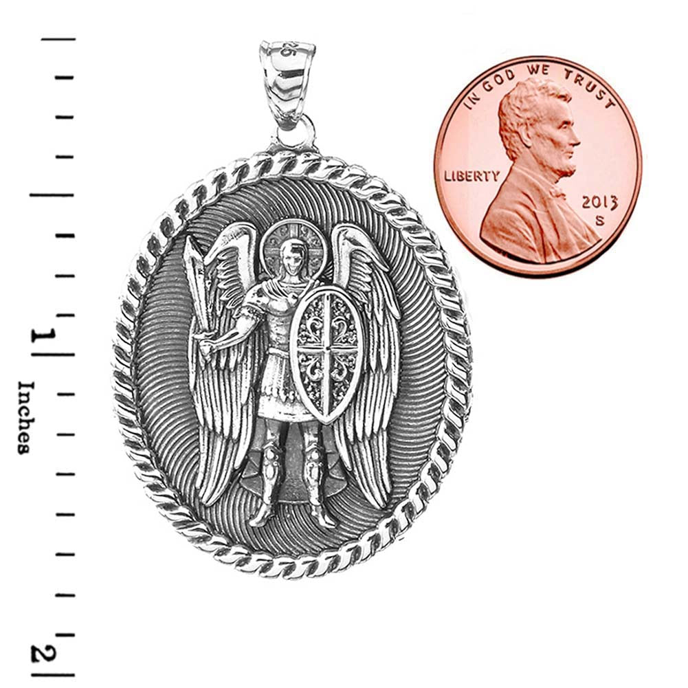 Sterling Silver Oxidized Patron Saint Michael Archangel Medallion Pendant Necklace, view 3