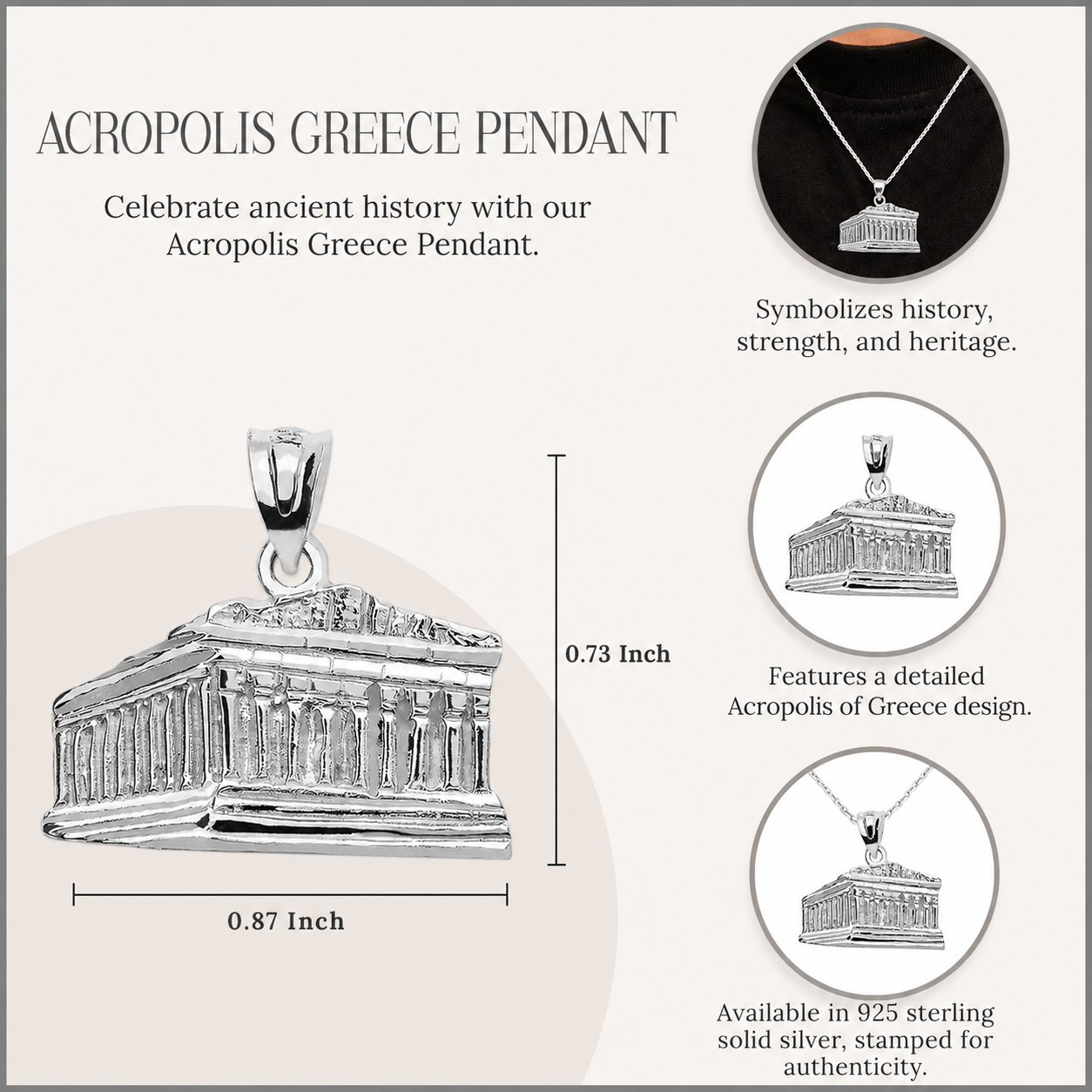 Sterling Silver Parthenon In Acropolis Greece Pendant Necklace, view 3
