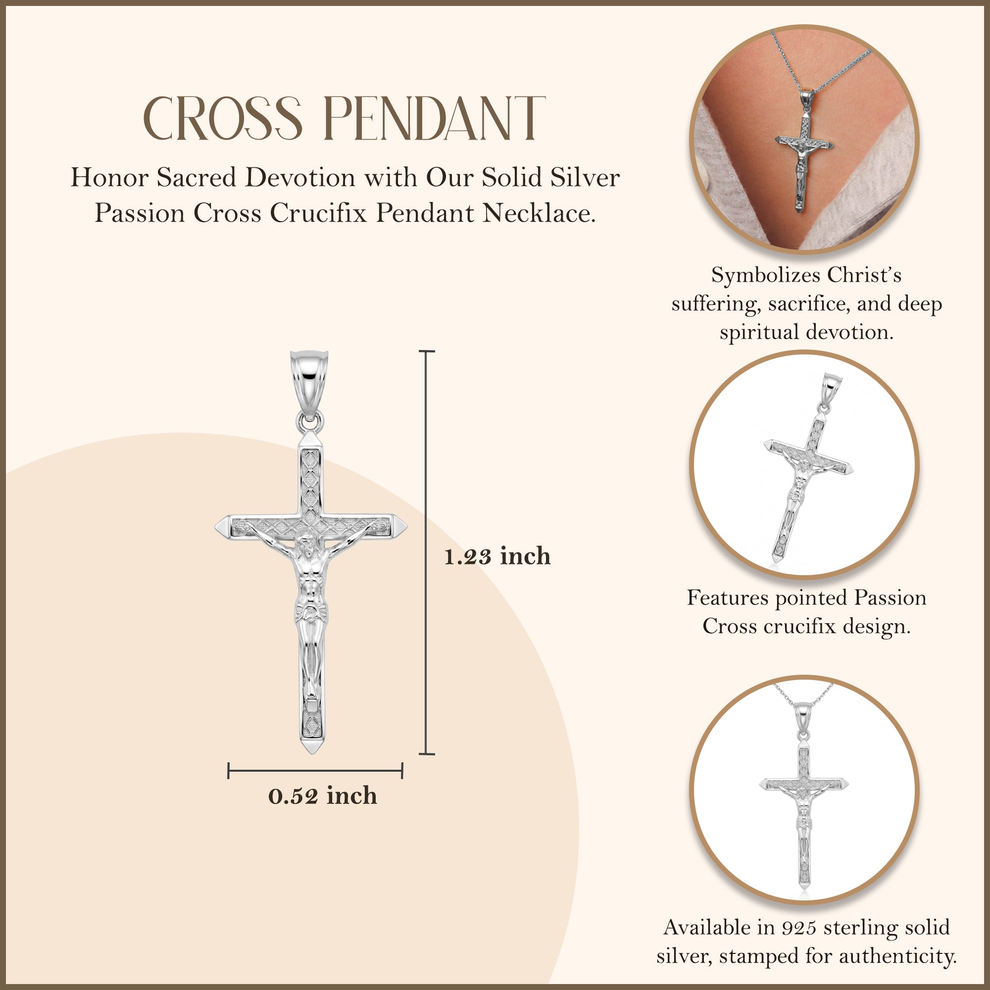 Sterling Silver Passion Cross Crucifix Pendant Necklace 1.23" (31 mm), view 2