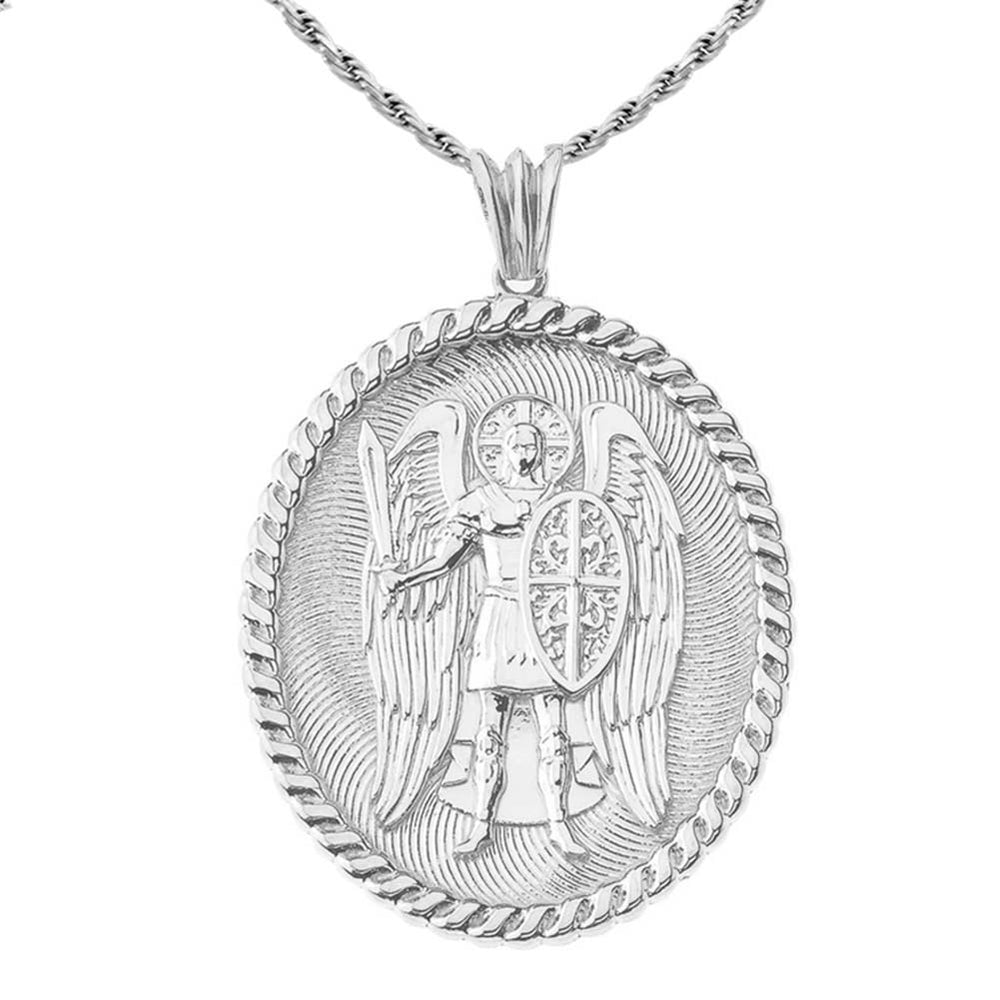 Sterling Silver Patron Saint Michael Archangel Medallion Pendant Necklace — Width: 1.2