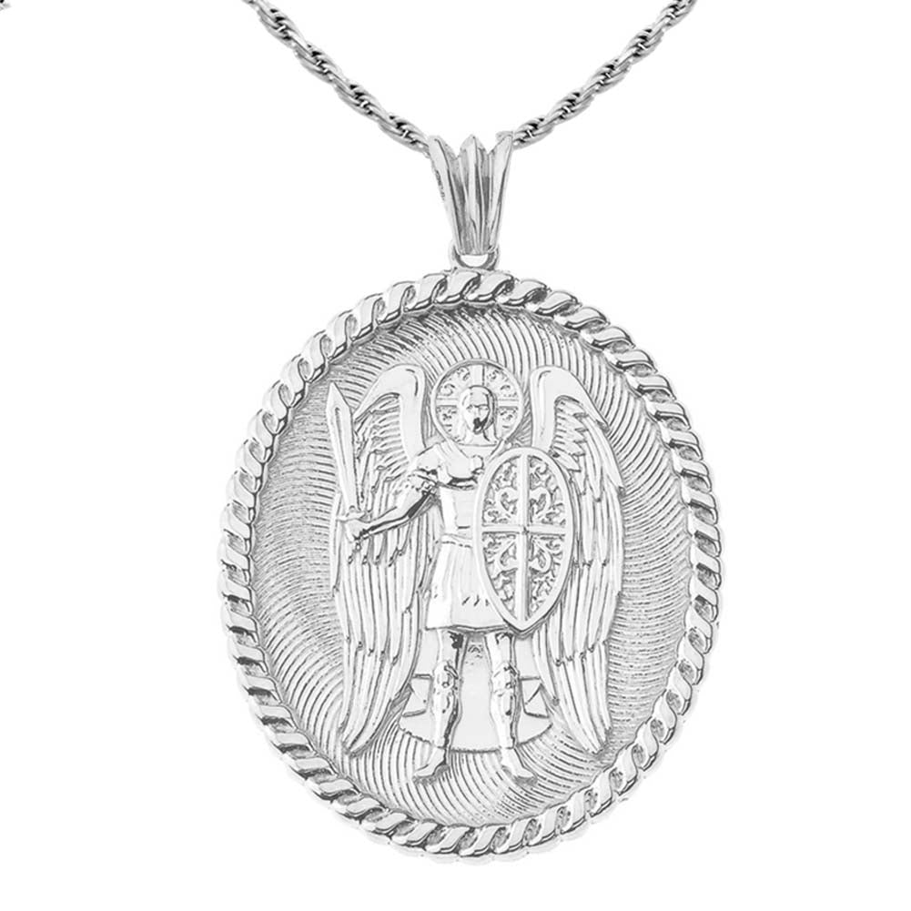 Sterling Silver Patron Saint Michael Archangel Medallion Pendant Necklace — Width: 1.2