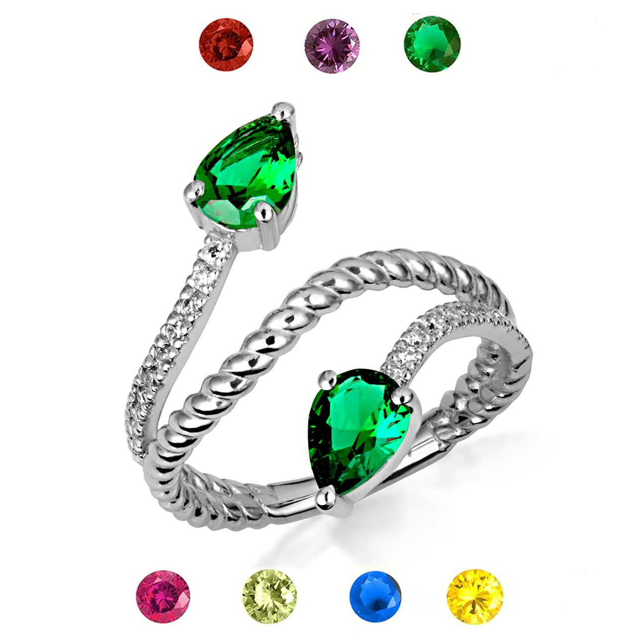 Sterling Silver Pear Cut Double Gemstone Wrap Around Rope Band Ring