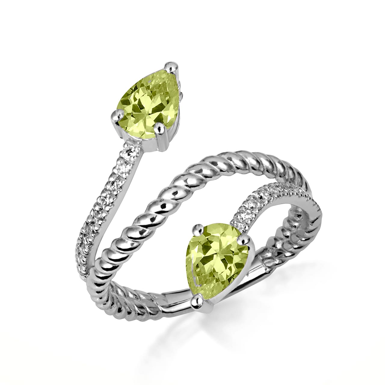 Sterling Silver Pear Cut Double Gemstone Wrap Around Rope Band Ring, view 3
