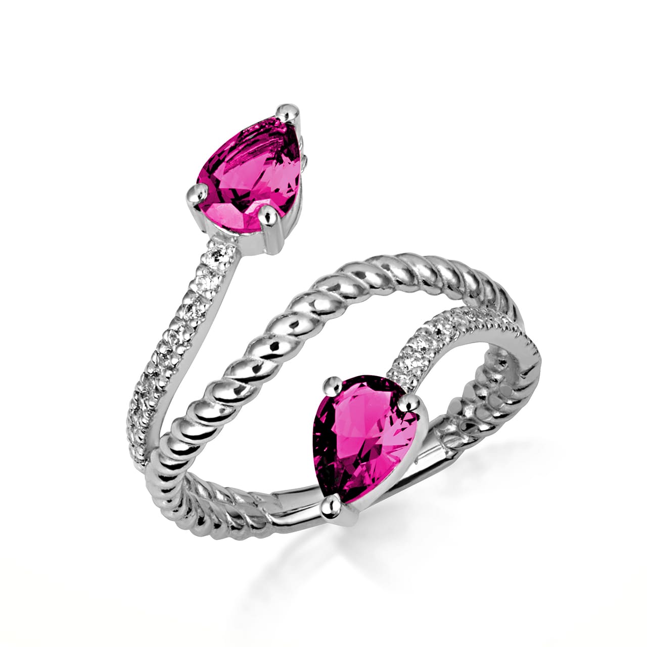 Sterling Silver Pear Cut Double Gemstone Wrap Around Rope Band Ring, view 4