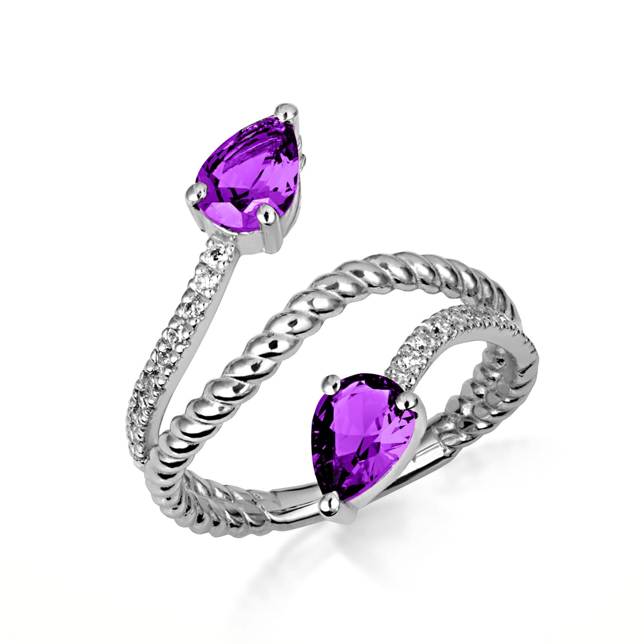 Sterling Silver Pear Cut Double Gemstone Wrap Around Rope Band Ring, view 5