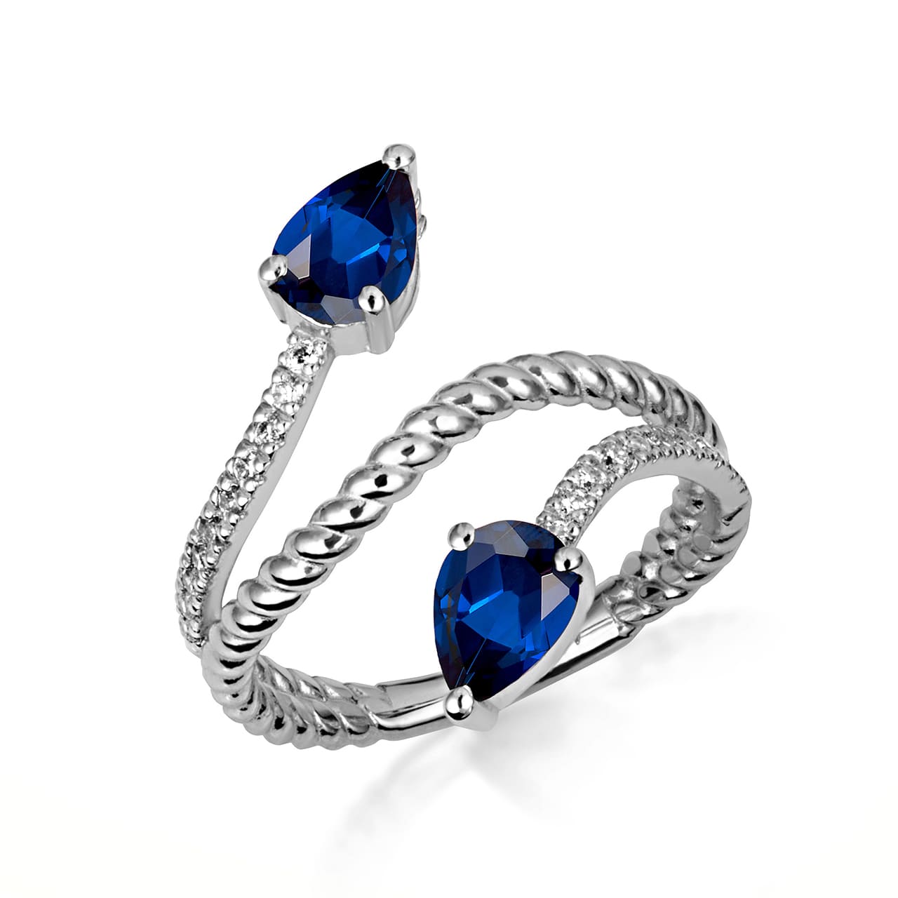 Sterling Silver Pear Cut Double Gemstone Wrap Around Rope Band Ring, view 6